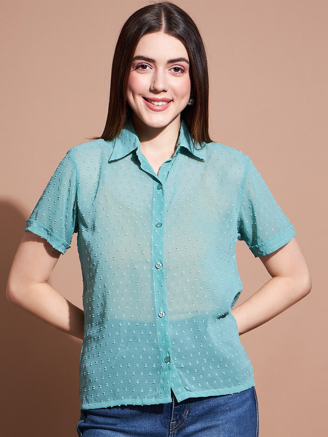 DressBerry Self Design Semi Sheer Comfort Georgette Dobby Shirt, Turquoise blue
DressBerry Self Design Semi Sheer Comfort Georgette Dobby Shirt, Turquoise blue