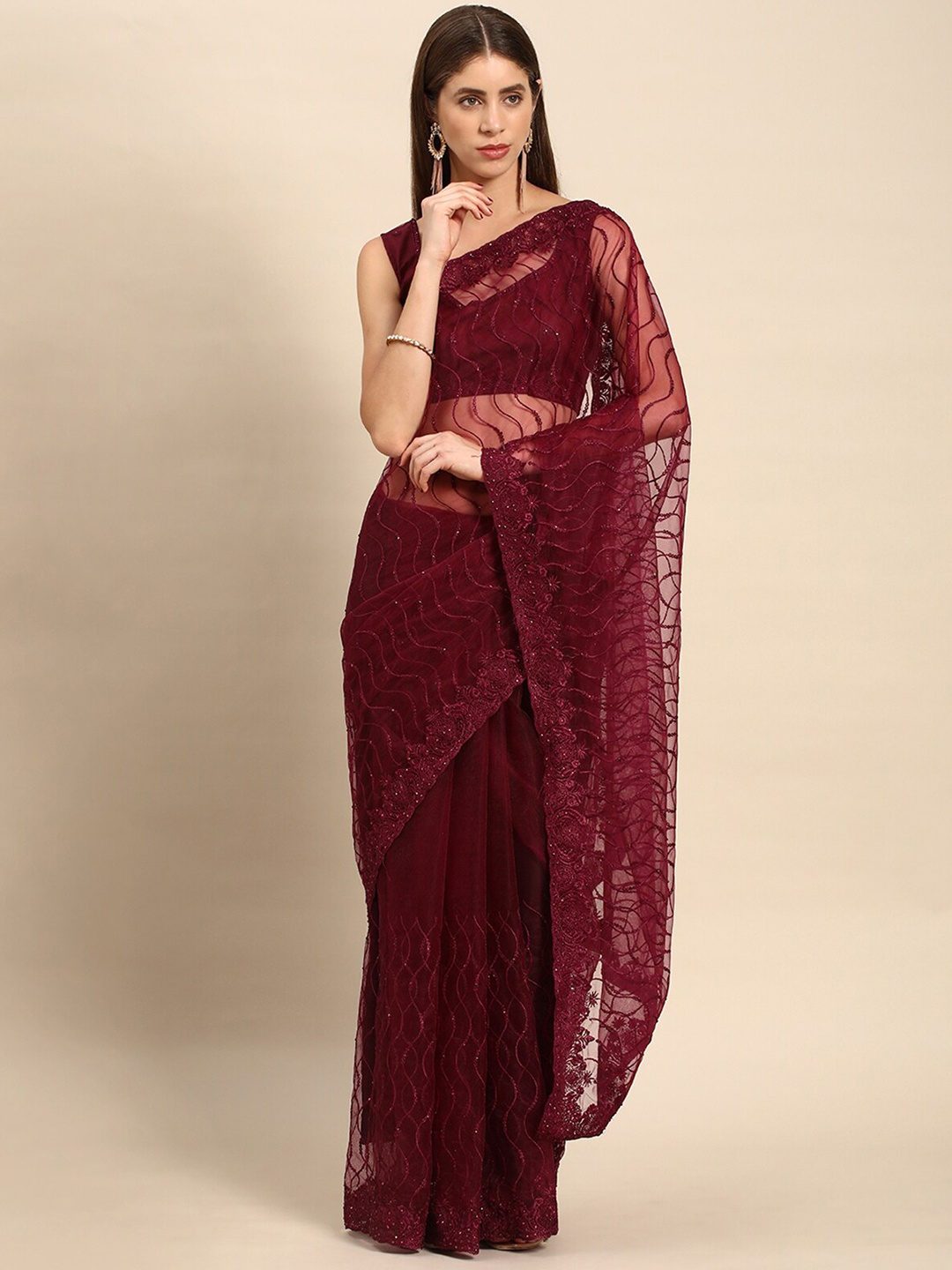 ODETTE Striped Embroidered Net Saree, Maroon