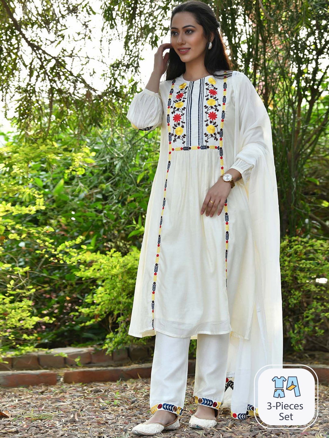 Aaheli Floral Yoke Design Thread Work Chanderi Cotton Kurta With Trousers & Dupatta, Off white
Aaheli Floral Yoke Design Thread Work Chanderi Cotton Kurta With Trousers & Dupatta, Off white