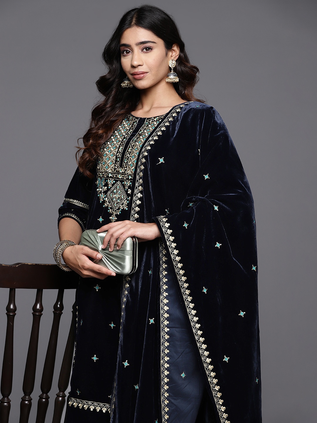 Varanga Thread & Zari Embroidered Yoke Velvet Winter Kurta with Trouser & Velvet Dupatta, Blue
Varanga Thread & Zari Embroidered Yoke Velvet Winter Kurta with Trouser & Velvet Dupatta, Blue