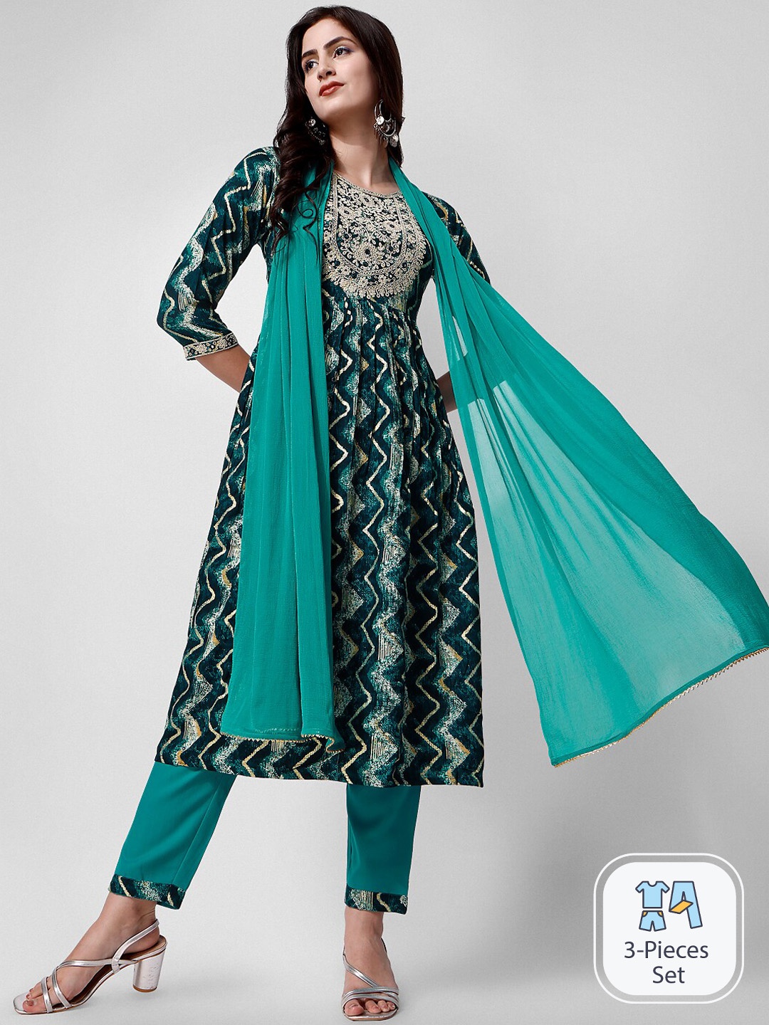 KALINI Chevron Printed Regular Thread Work Anarkali Kurta & Trousers With Dupatta, Teal
KALINI Chevron Printed Regular Thread Work Anarkali Kurta & Trousers With Dupatta, Teal