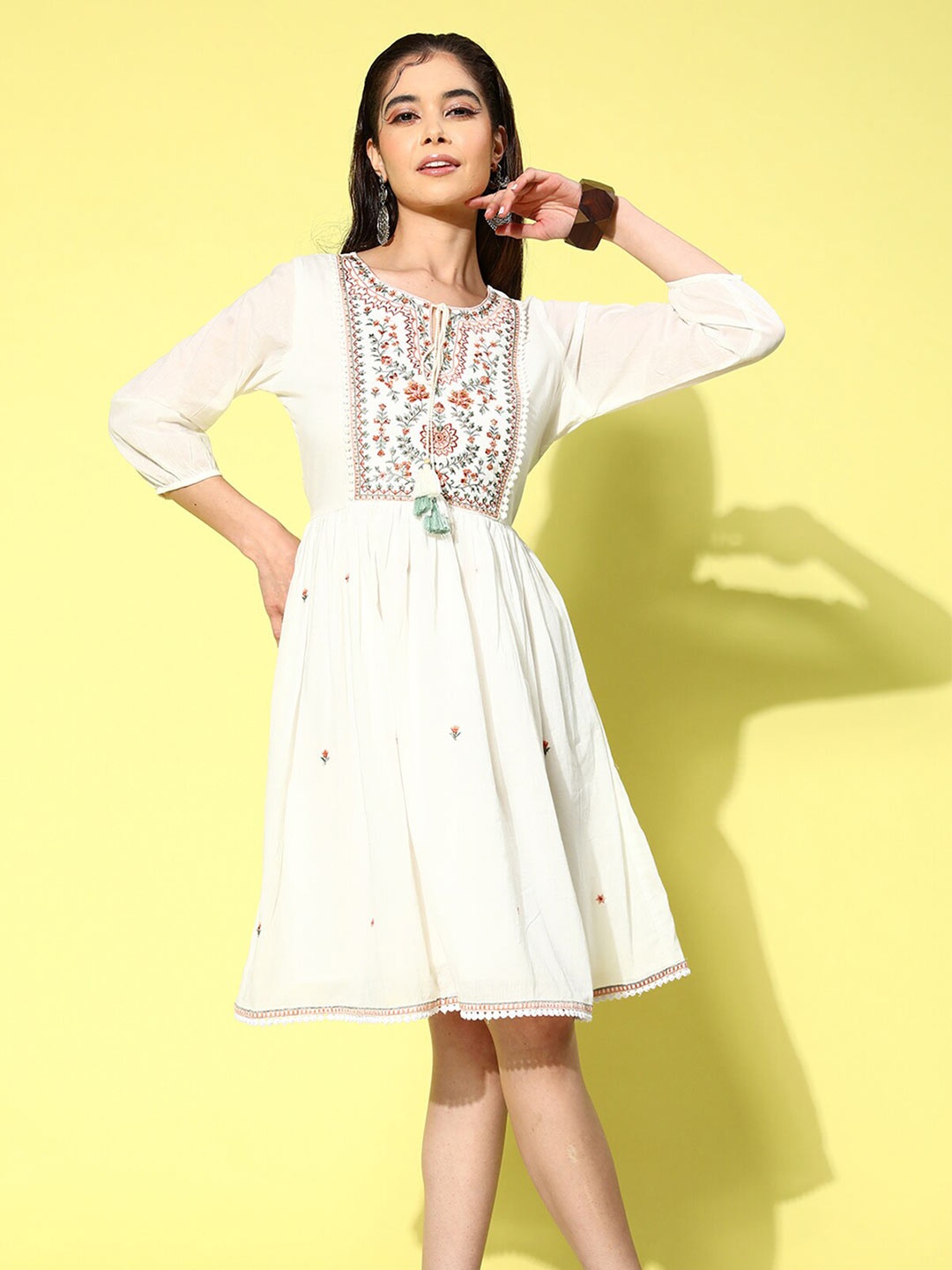 ODETTE Floral Embroidered Cotton Fit & Flare Dress, White