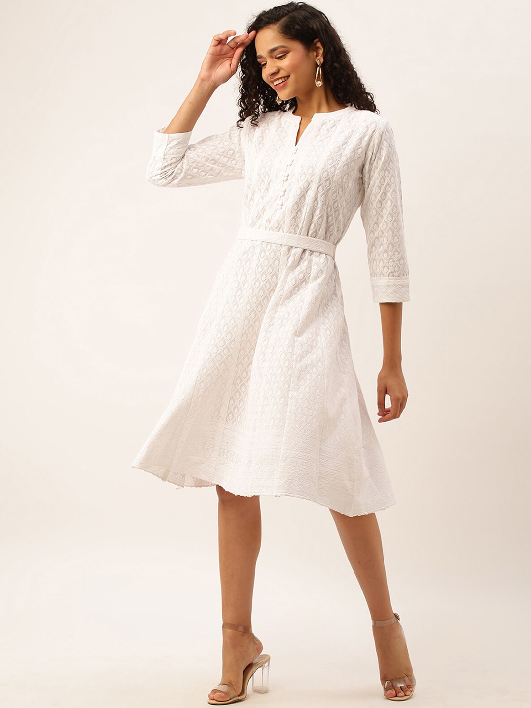 ODETTE Chickankari Embroidered Mandarin Collar Belted Cotton Fit & Flare Dress, White
ODETTE Chickankari Embroidered Mandarin Collar Belted Cotton Fit & Flare Dress, White