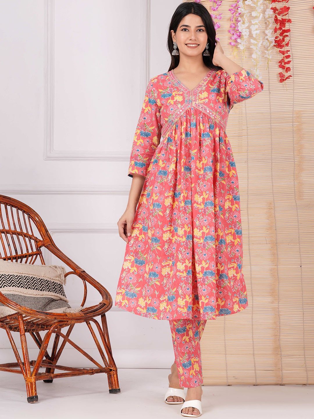 AVYCO Floral Printed V-Neck Mirror Work Detail A-Line Kurta with Trouser, Peach
AVYCO Floral Printed V-Neck Mirror Work Detail A-Line Kurta with Trouser, Peach