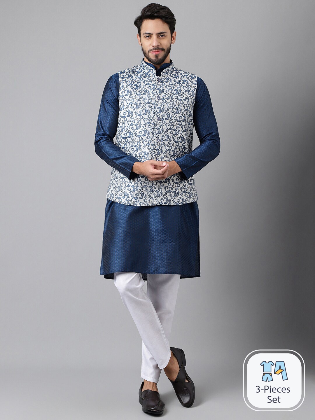 SHADOW & SAINING Long Sleeves Straight Kurta And Pyjamas With Floral Printed Nehru Jacket, Blue
SHADOW & SAINING Long Sleeves Straight Kurta And Pyjamas With Floral Printed Nehru Jacket, Blue