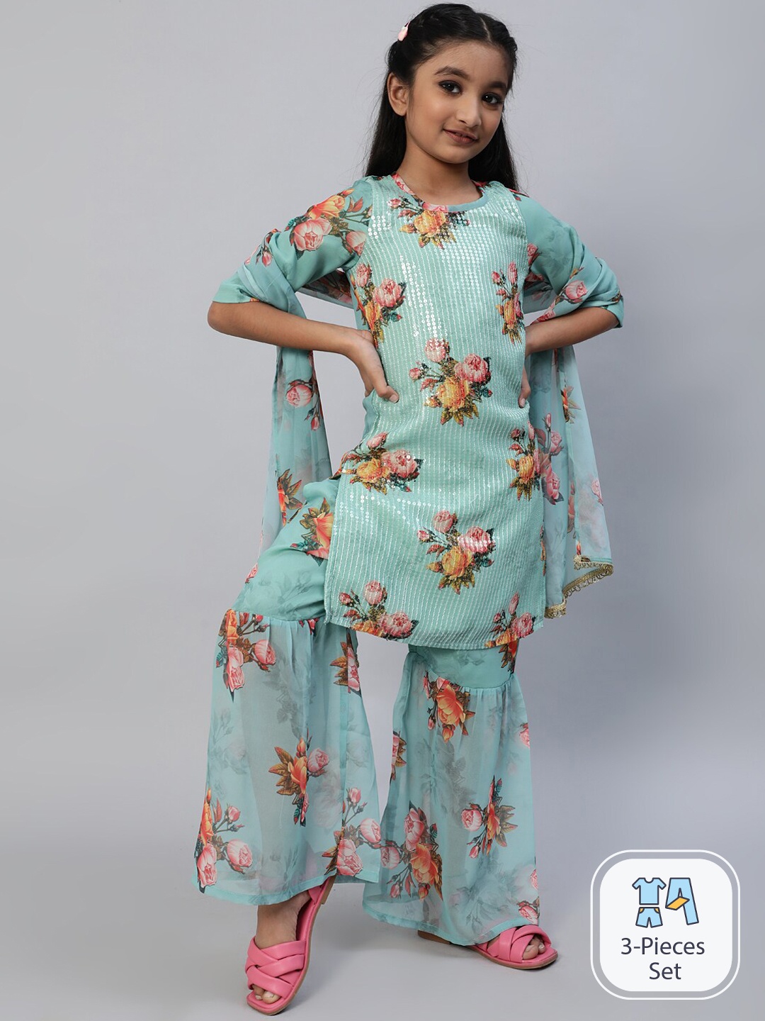 Aks Kids Girls Floral Printed Sequinned Kurta With Sharara & Dupatta, Sea green
Aks Kids Girls Floral Printed Sequinned Kurta With Sharara & Dupatta, Sea green
