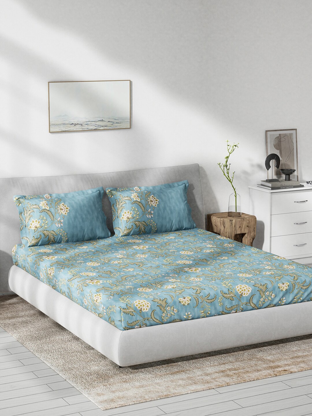 DDecor Live Beautiful Blue Floral Cotton 144 TC Fitted King Bedsheet with 2 Pillow Covers
DDecor Live Beautiful Blue Floral Cotton 144 TC Fitted King Bedsheet with 2 Pillow Covers
