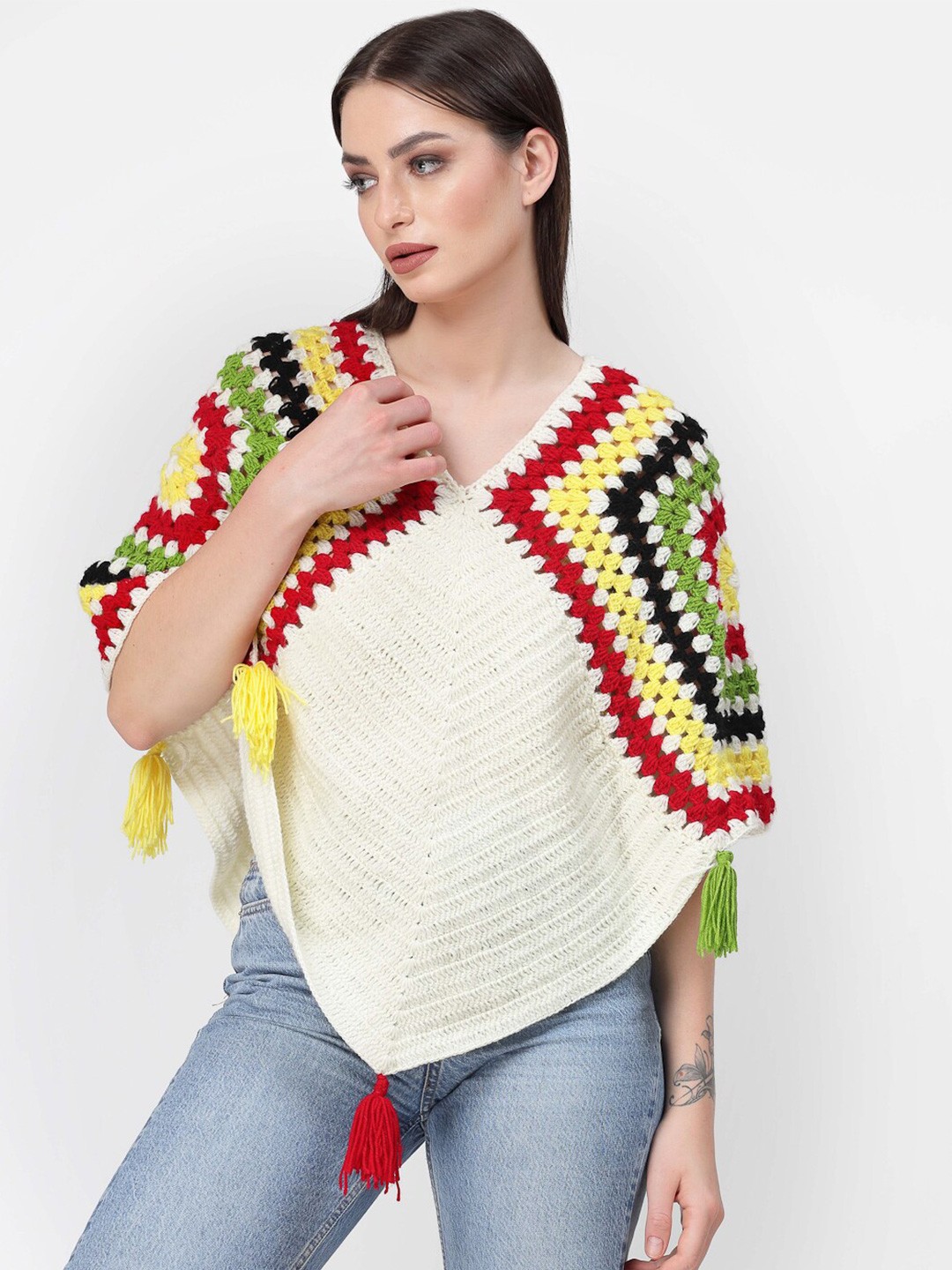 Velvery Geometric Self Design V-Neck High Low Hem Acrylic Poncho With Tassels, Off white
Velvery Geometric Self Design V-Neck High Low Hem Acrylic Poncho With Tassels, Off white
