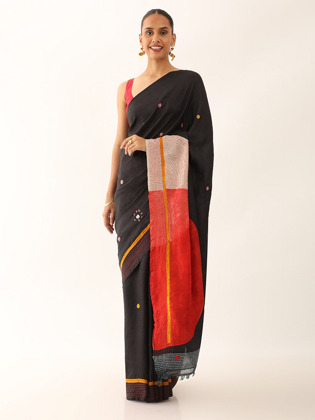 Taneira Geometric Embroidered Pure Silk Murshidabad silk Saree, Black