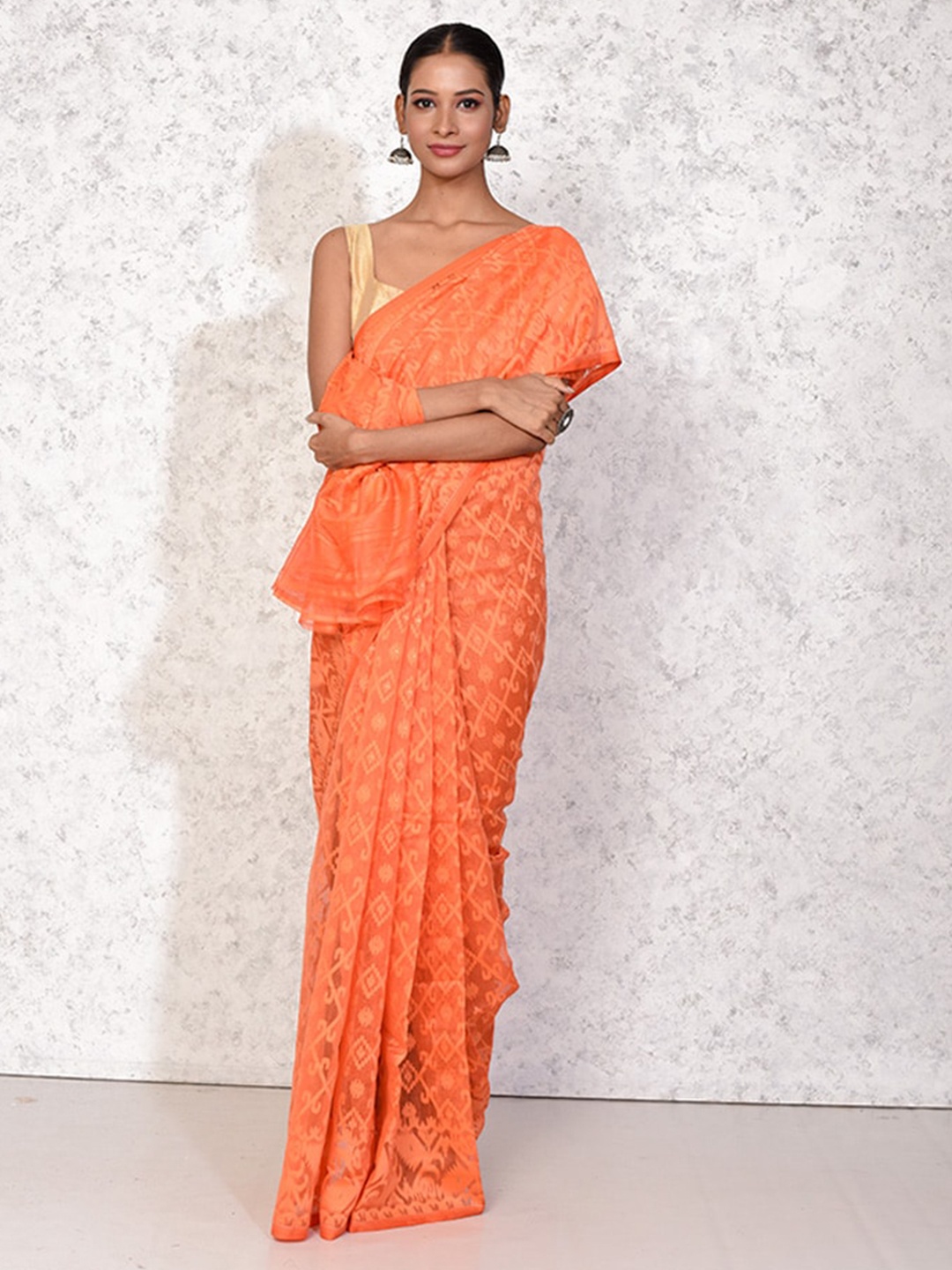 AllSilks Ethnic Motifs Woven Design Pure Cotton Taant Saree, Peach