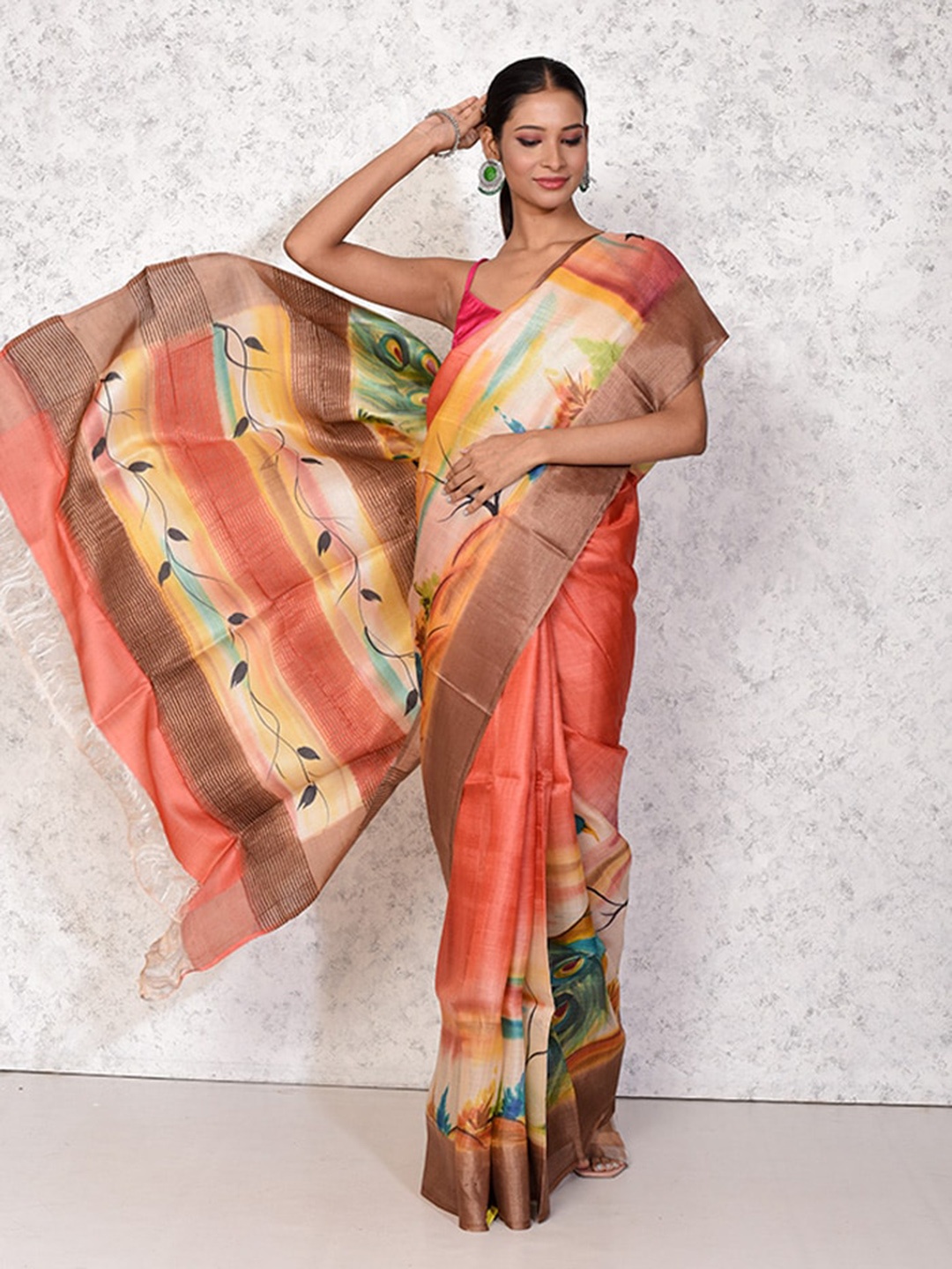 AllSilks Ethnic Motifs Printed Zari Tussar Saree, Peach