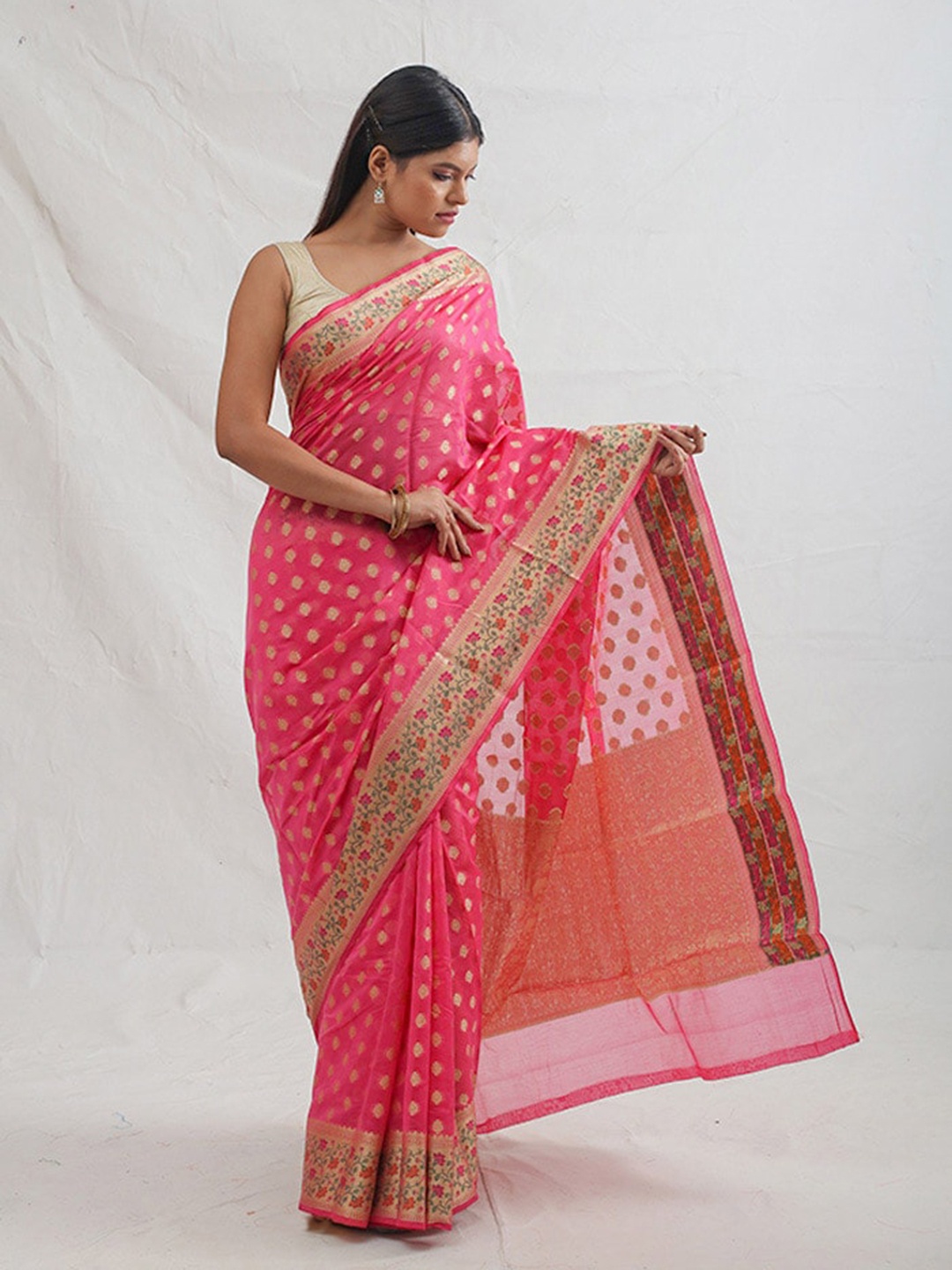 AllSilks Ethnic Motifs Woven Design Zari Detailed Saree, Pink