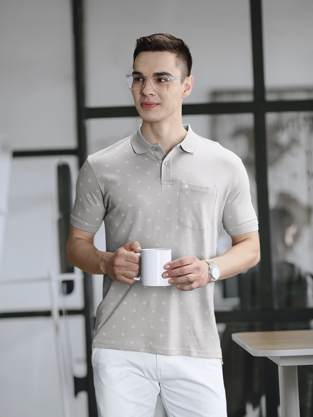 Louis Philippe Geometric Printed Polo Collar Pure Cotton T-shirt With Chest Pocket Detail, Grey
Louis Philippe Geometric Printed Polo Collar Pure Cotton T-shirt With Chest Pocket Detail, Grey