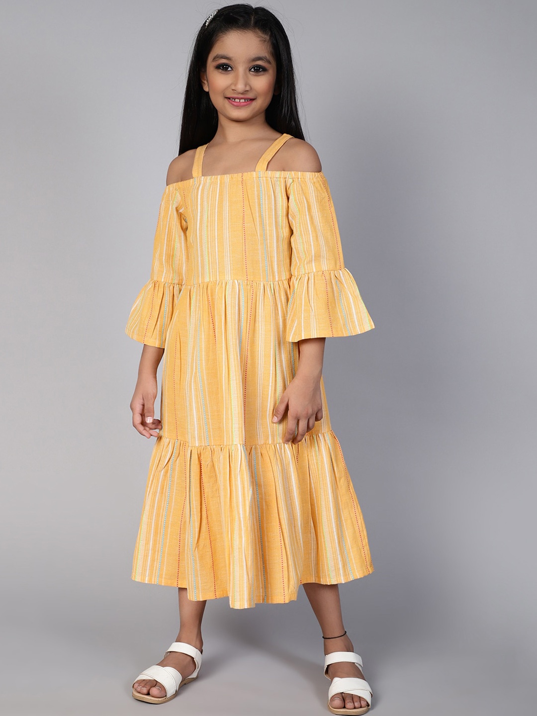 Aks Kids Striped Off-Shoulder Bell Sleeve Gathered or Pleated A-Line Cotton Midi Dress, Yellow
Aks Kids Striped Off-Shoulder Bell Sleeve Gathered or Pleated A-Line Cotton Midi Dress, Yellow
