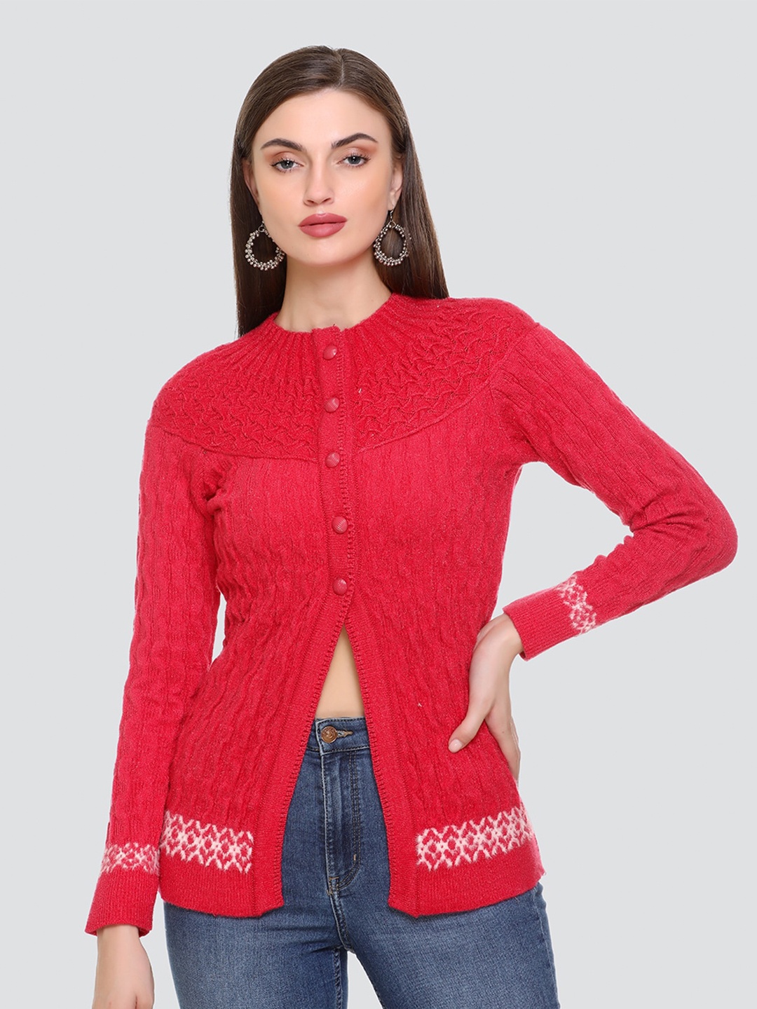 Concede Self Design Wool Cardigan, Red