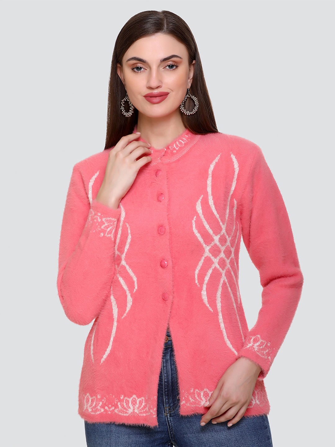 Concede Geometric Printed Band Collar Wool Cardigan, Pink