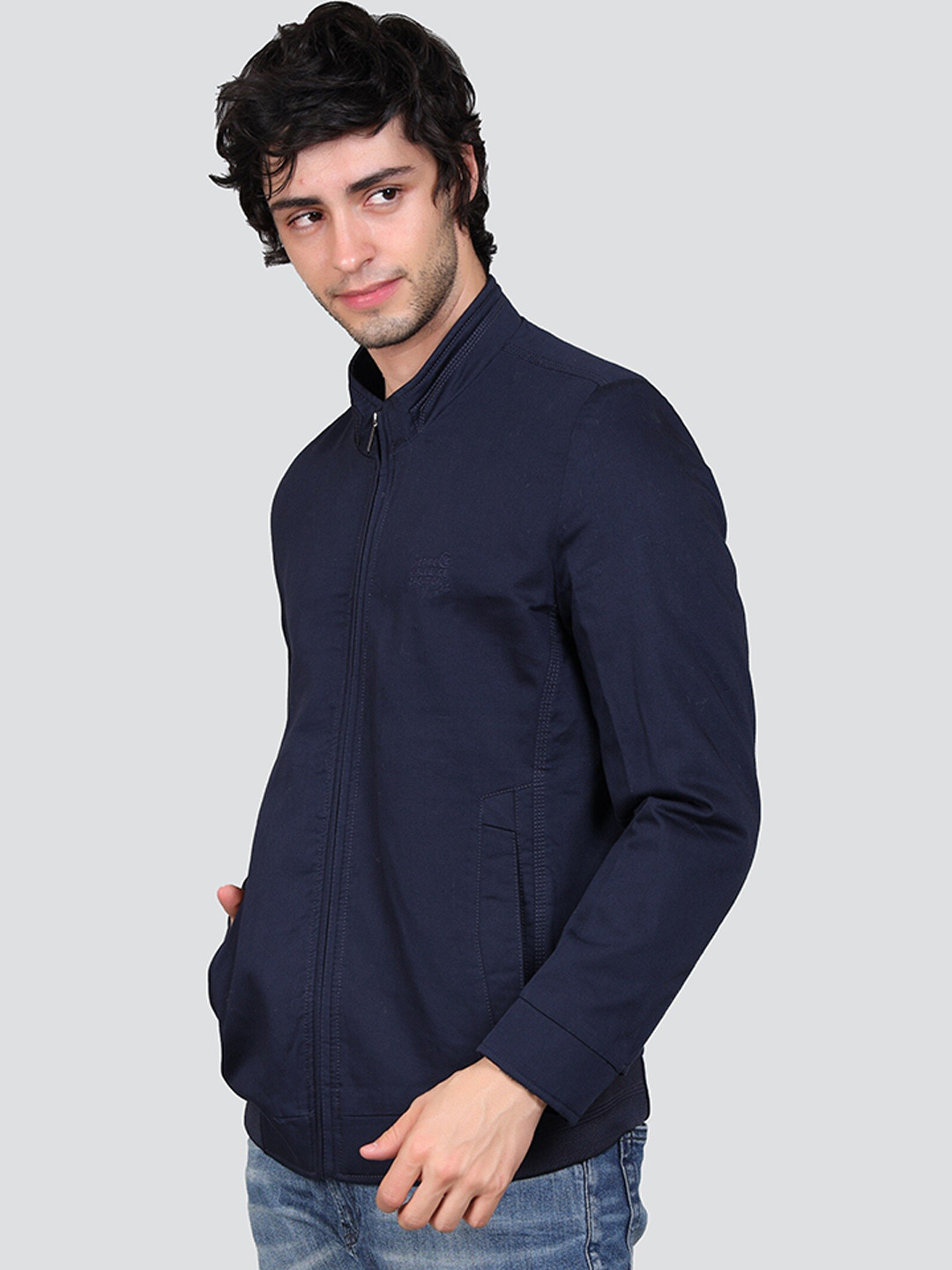 YOUNG CLUB CLASSIC Stand Collar Longline Cotton Bomber Jacket, Blue 
YOUNG CLUB CLASSIC Stand Collar Longline Cotton Bomber Jacket, Blue