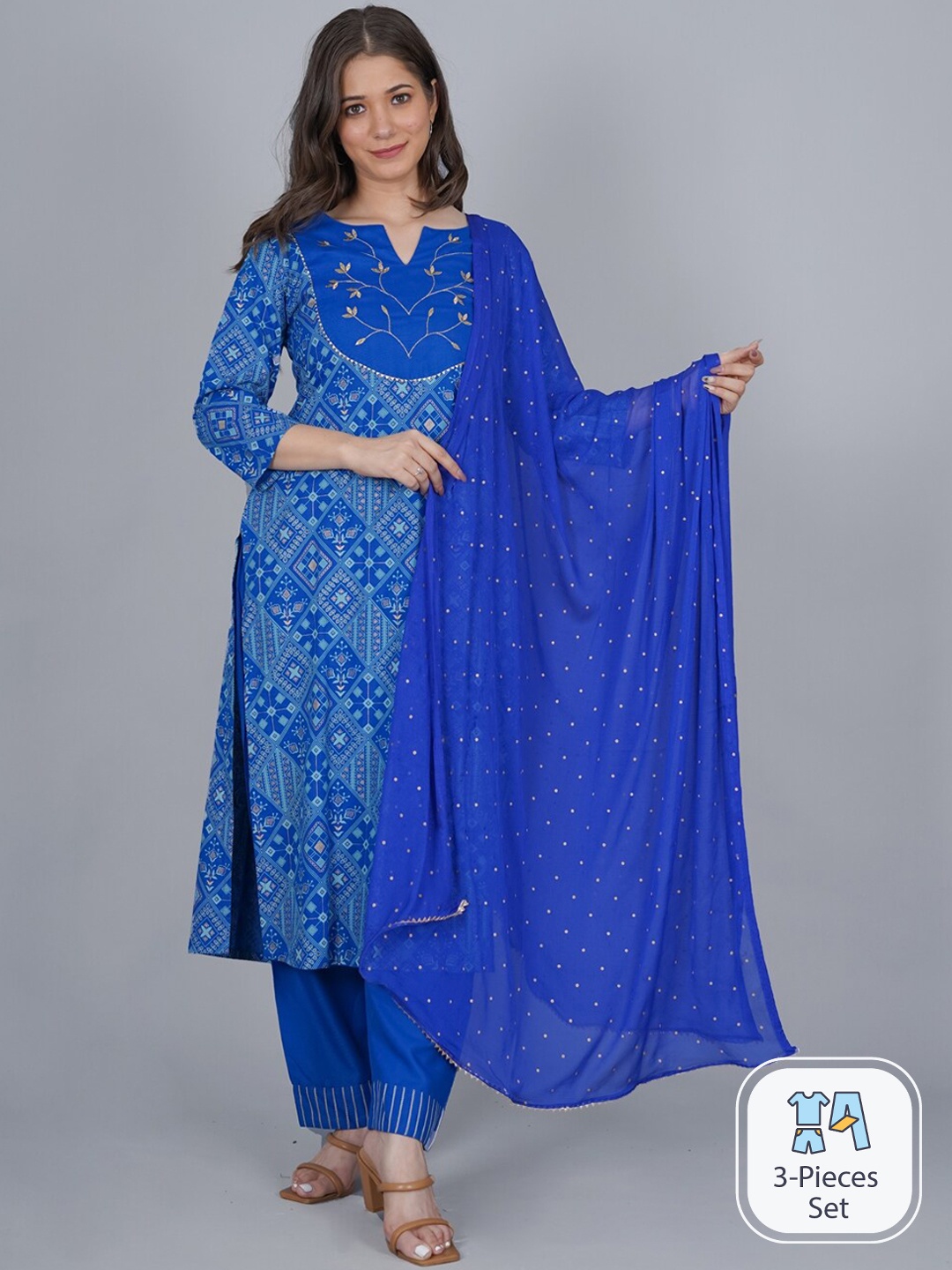 KALINI Ethnic Motifs Printed Regular Gotta Patti Kurta With Trousers & Dupatta, Blue
KALINI Ethnic Motifs Printed Regular Gotta Patti Kurta With Trousers & Dupatta, Blue
