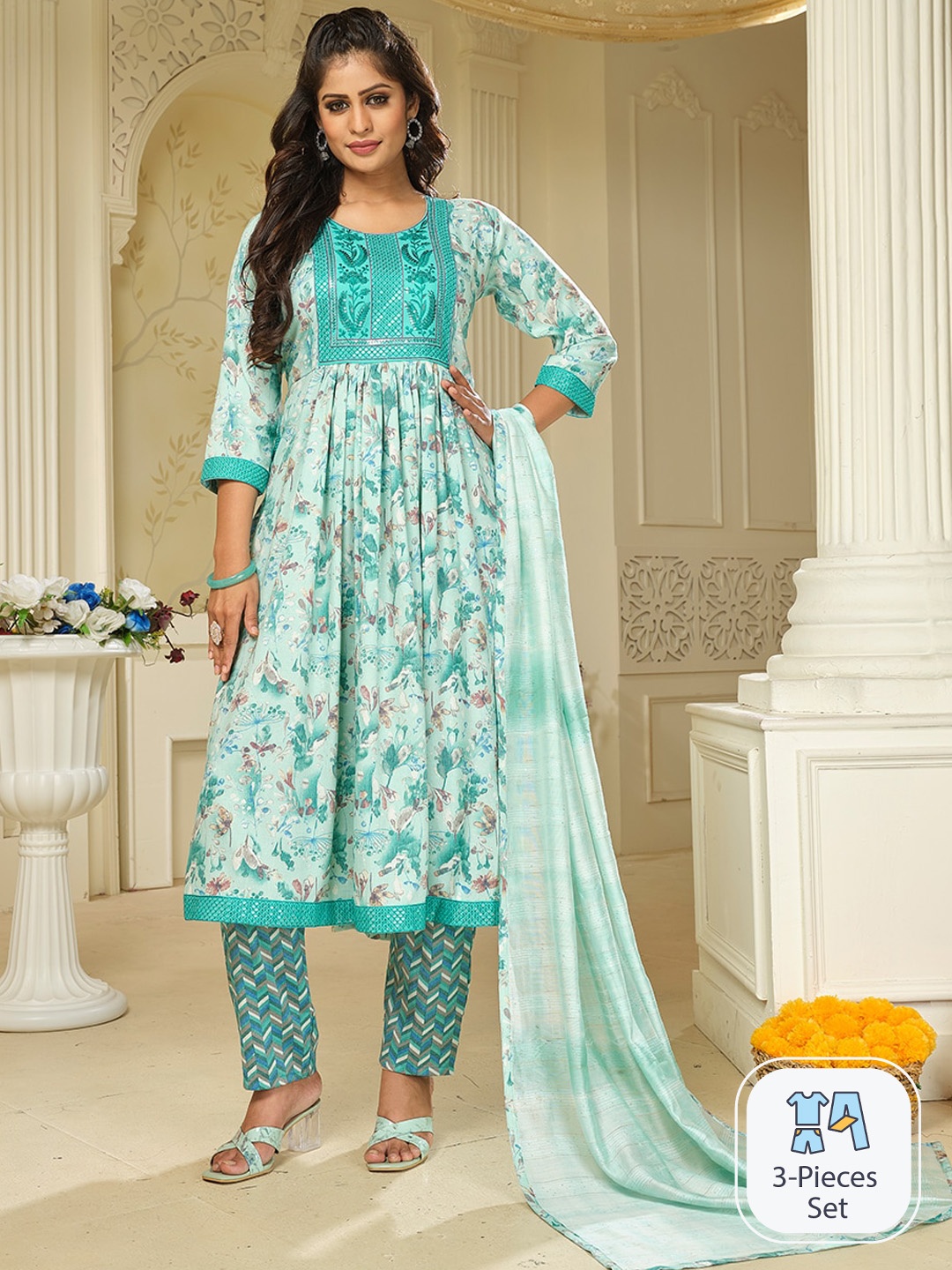 KALINI Floral Printed Sequined Pleated A-Line Kurta & Trousers With Dupatta, Turquoise blue
KALINI Floral Printed Sequined Pleated A-Line Kurta & Trousers With Dupatta, Turquoise blue