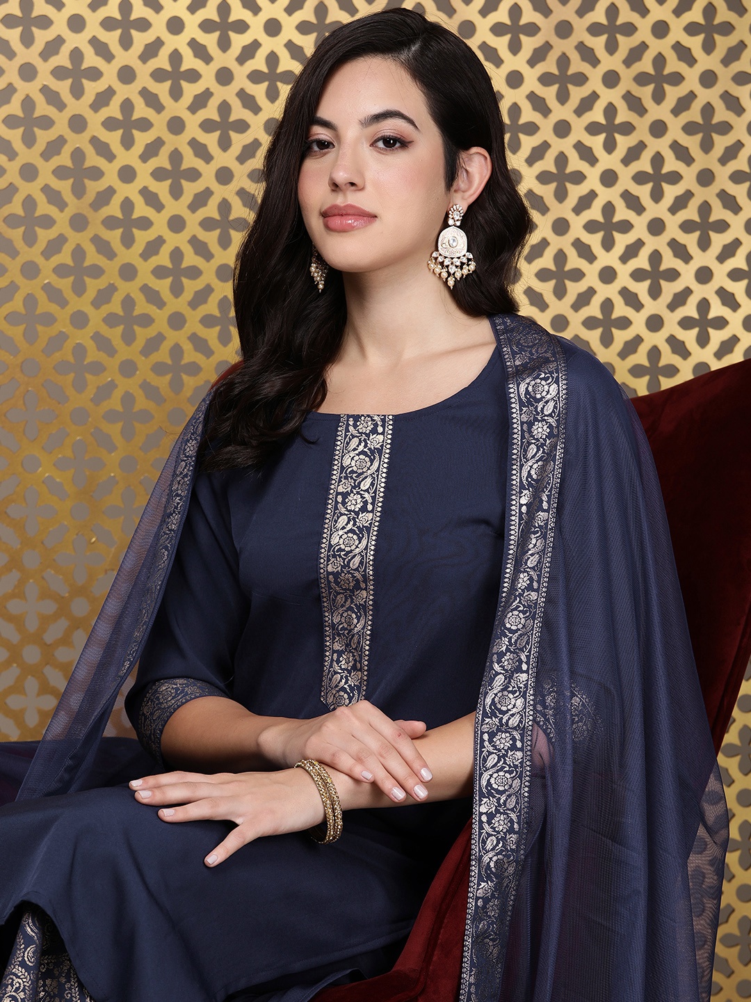 House of Pataudi Women Jashn Ethnic Motifs Printed Kurta With Palazzos & Dupatta, Navy blue
House of Pataudi Women Jashn Ethnic Motifs Printed Kurta With Palazzos & Dupatta, Navy blue