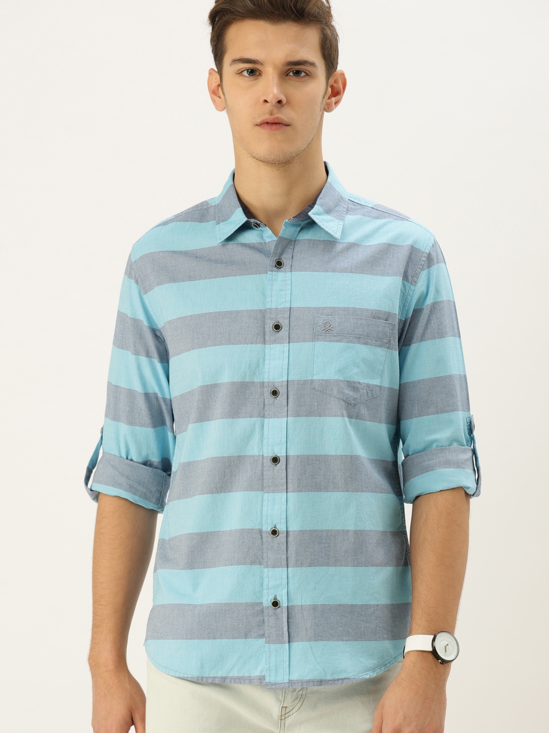 United Colors of Benetton Men Blue Slim Fit Striped Casual Shirt