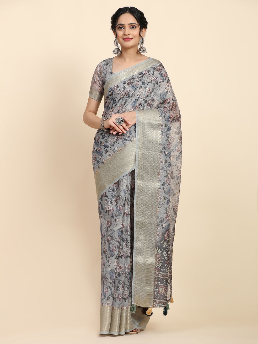 RACHNA Floral Printed Zari Saree, Grey