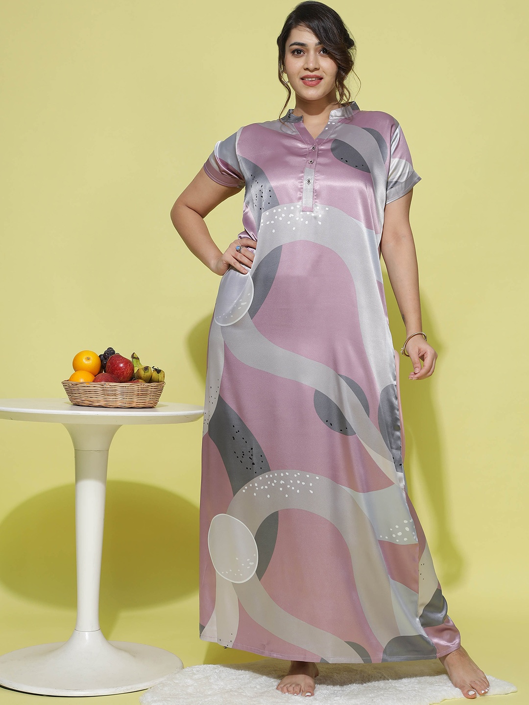 9shines Label Abstract Printed Satin Maxi Nightdress, Pink