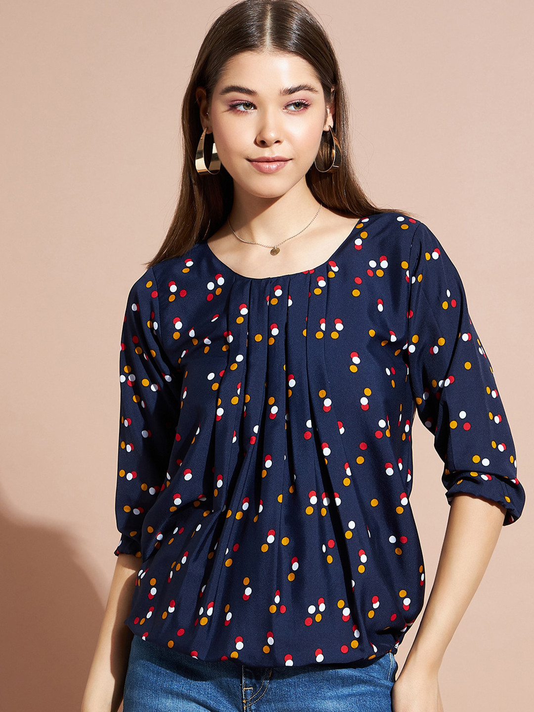 DressBerry Navy Blue Polka Dots Printed Puff Sleeves Top 
DressBerry Navy Blue Polka Dots Printed Puff Sleeves Top