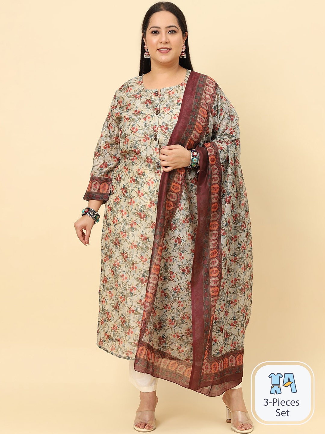 Sringam Plus Size Floral Printed Regular Chanderi Cotton Kurta With Trousers & Dupatta, Cream
Sringam Plus Size Floral Printed Regular Chanderi Cotton Kurta With Trousers & Dupatta, Cream