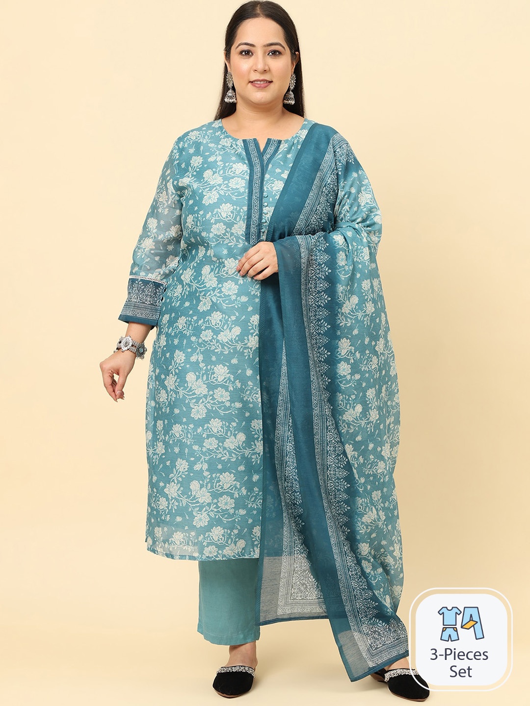 Sringam Plus Size Floral Printed Regular Chanderi Cotton Kurta With Trousers & Dupatta, Blue
Sringam Plus Size Floral Printed Regular Chanderi Cotton Kurta With Trousers & Dupatta, Blue