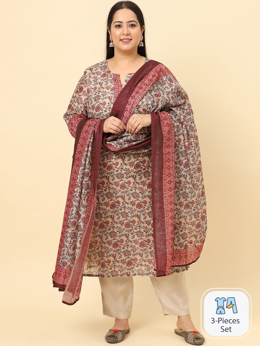 Sringam Plus Size Floral Printed Regular Chanderi Cotton Kurta With Trousers & Dupatta, Brown
Sringam Plus Size Floral Printed Regular Chanderi Cotton Kurta With Trousers & Dupatta, Brown