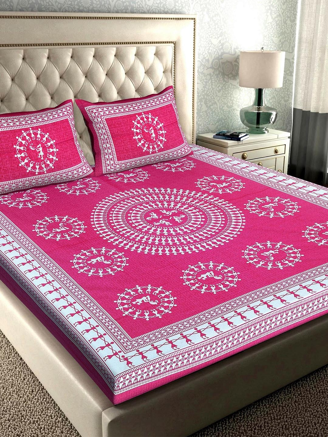 Rajasthanikart Pink & White Ethnic Motifs Cotton 110 TC Queen Bedsheet & 2 Pillow Covers
Rajasthanikart Pink & White Ethnic Motifs Cotton 110 TC Queen Bedsheet & 2 Pillow Covers