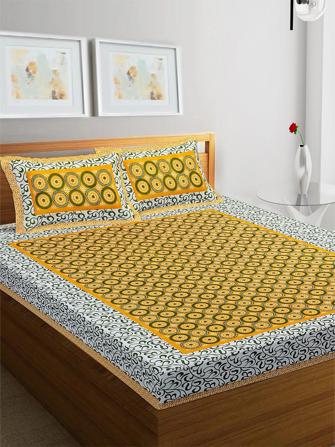 Rajasthanikart Yellow & White Ethnic Motifs Cotton 110 TC Queen Bedsheet & 2 Pillow Covers
Rajasthanikart Yellow & White Ethnic Motifs Cotton 110 TC Queen Bedsheet & 2 Pillow Covers