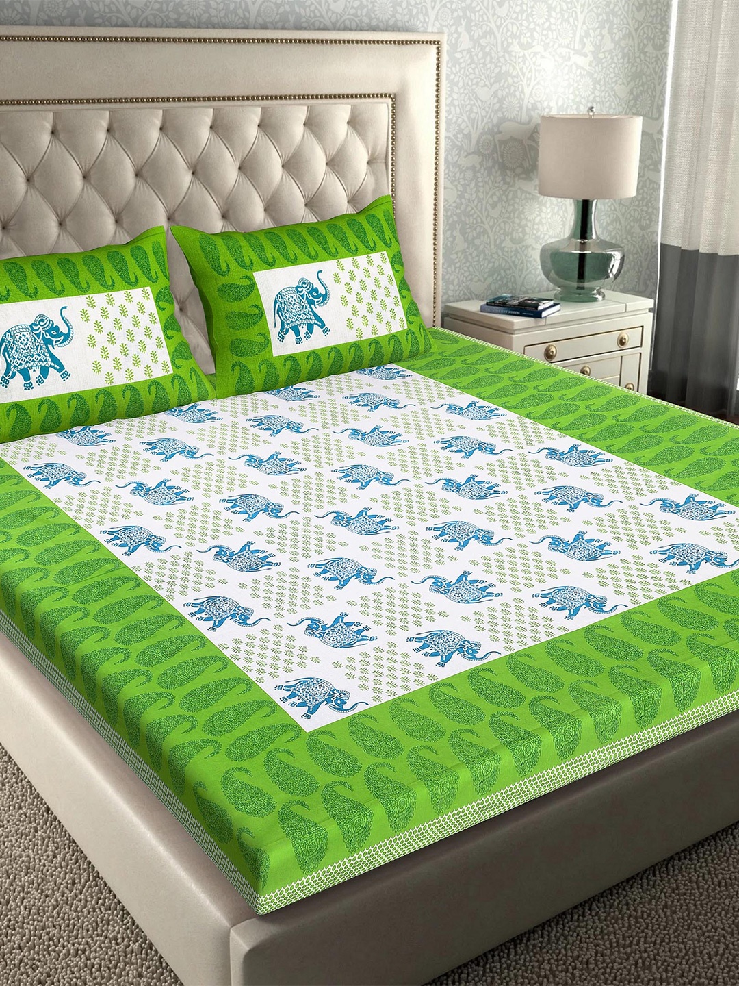Rajasthanikart Green & White Ethnic Motifs Cotton 110 TC Queen Bedsheet & 2 Pillow Covers
Rajasthanikart Green & White Ethnic Motifs Cotton 110 TC Queen Bedsheet & 2 Pillow Covers