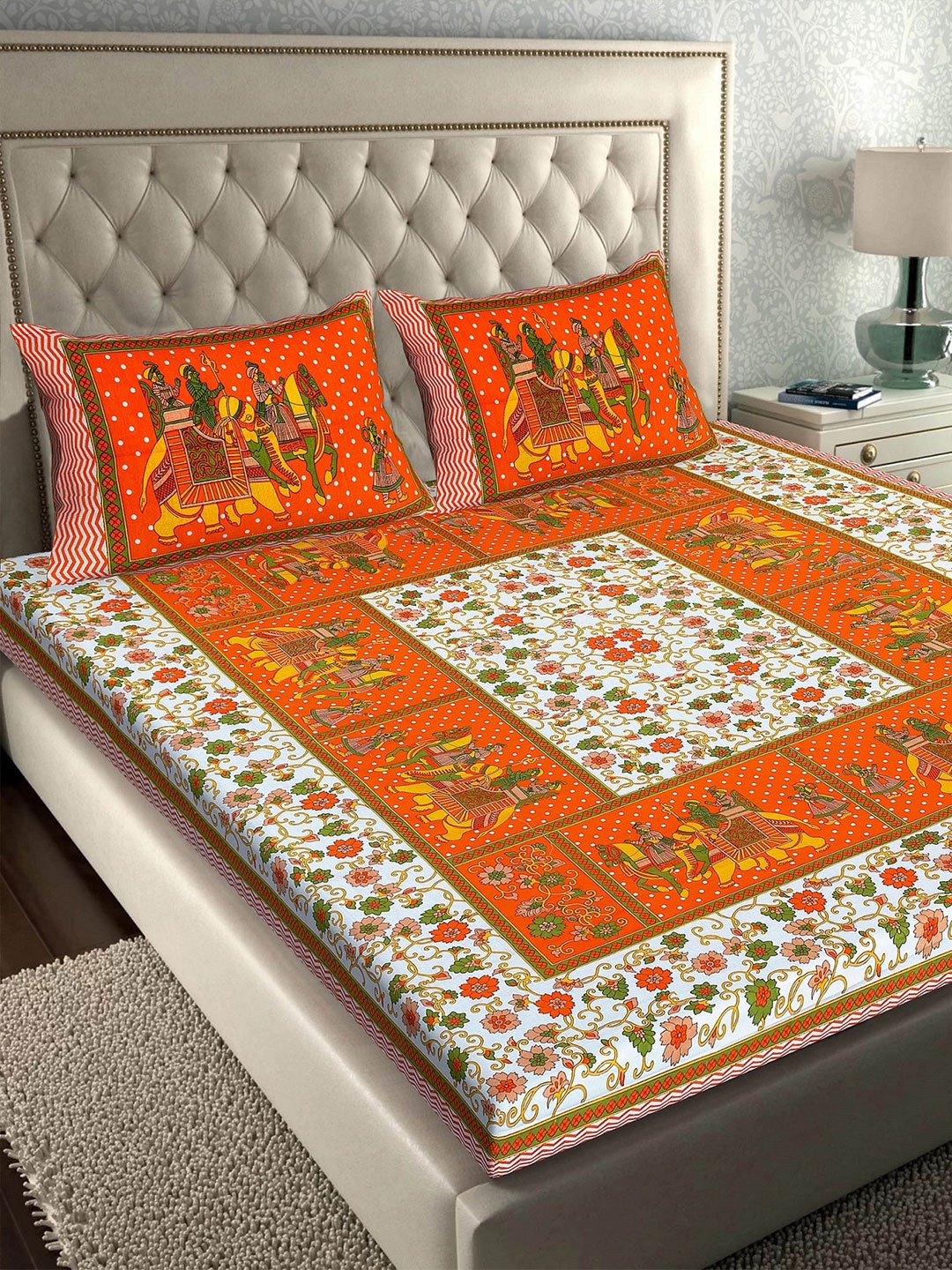 Rajasthanikart Orange & White Ethnic Cotton 110 TC Queen Bedsheet with 2 Pillow Covers
Rajasthanikart Orange & White Ethnic Cotton 110 TC Queen Bedsheet with 2 Pillow Covers