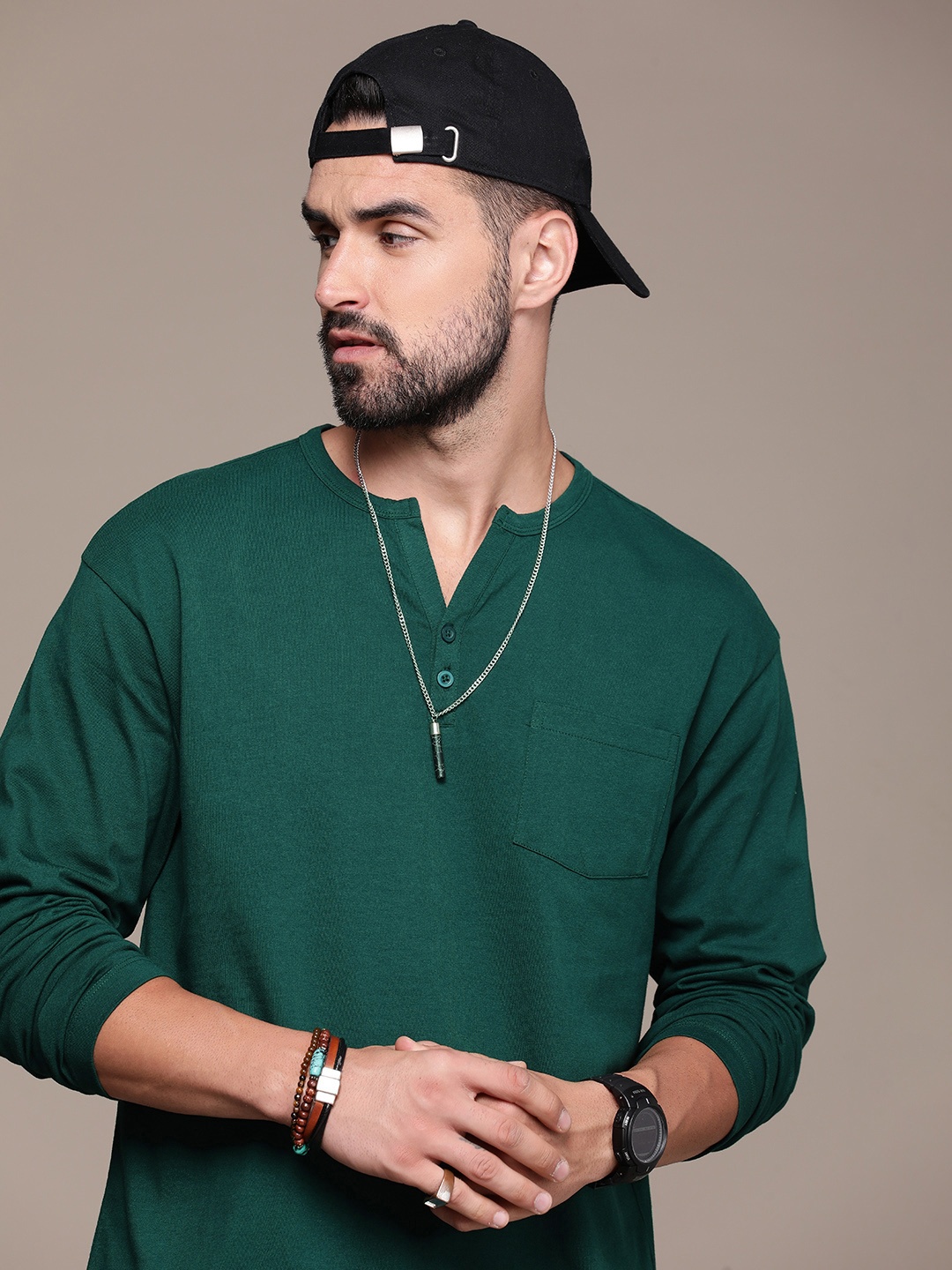The Roadster Life Co. Pure Cotton Henley Neck Drop-Shoulder Sleeves Pocket T-shirt, Green
The Roadster Life Co. Pure Cotton Henley Neck Drop-Shoulder Sleeves Pocket T-shirt, Green