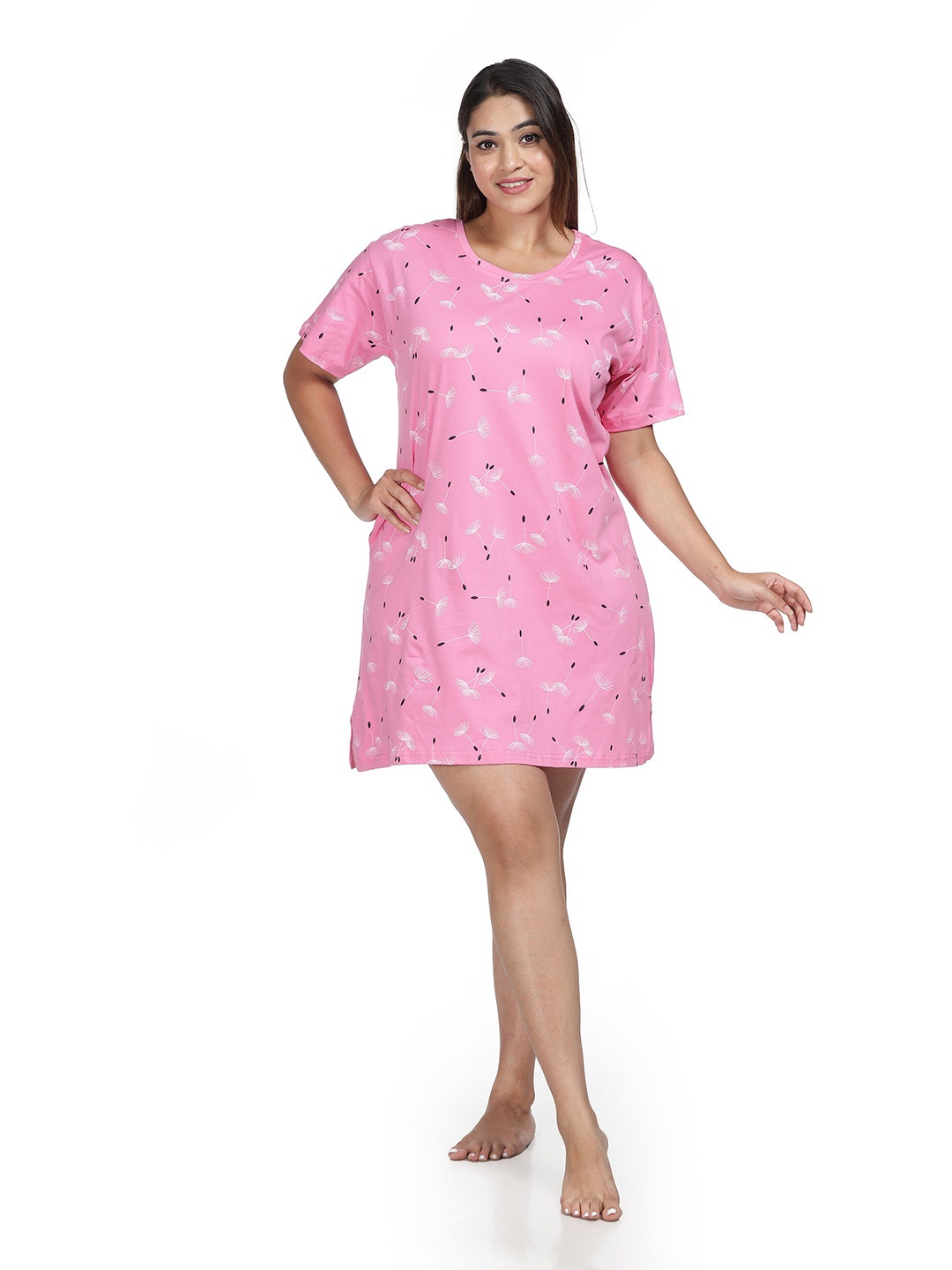 9shines Label Plus Size Printed Pure Cotton Nightdress, Pink