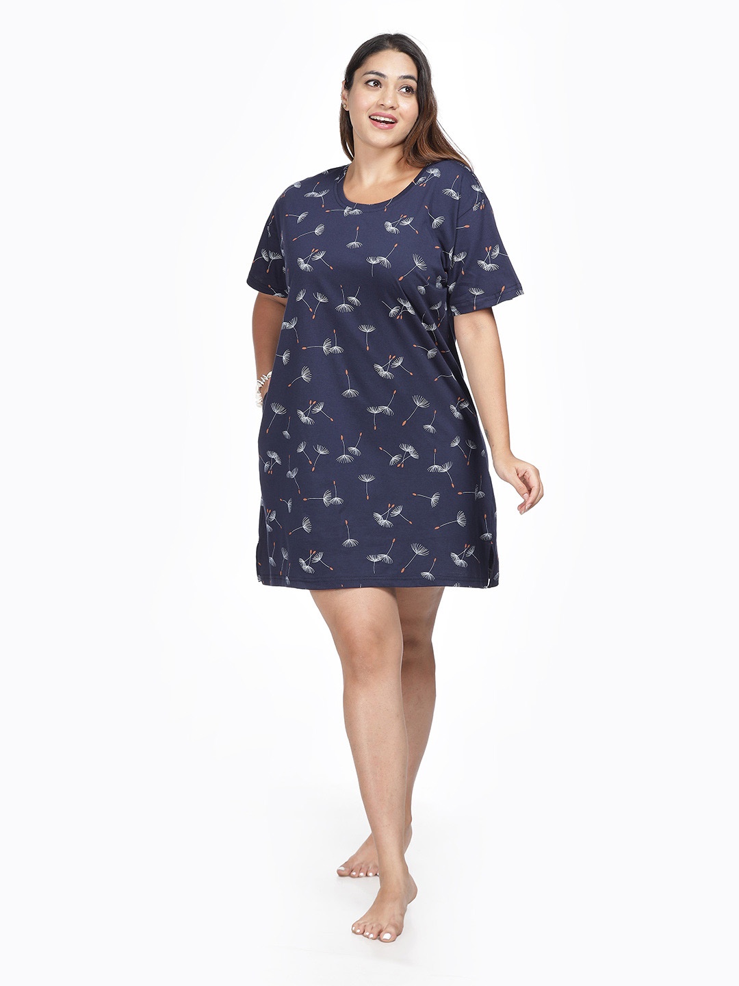 9shines Label Plus Size Printed Pure Cotton Nightdress, Navy blue