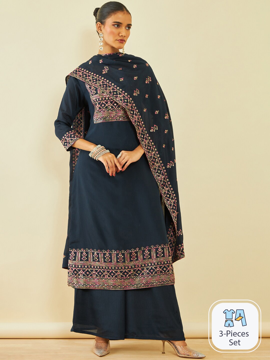 Soch Ethnic Motifs Embroidered Sequinned Kurta with Palazzos & With Dupatta, Navy blue
Soch Ethnic Motifs Embroidered Sequinned Kurta with Palazzos & With Dupatta, Navy blue