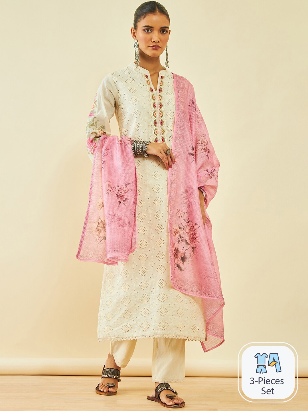 Soch Floral Embroidered Band Collar Regular Sequinned Kurta with Trousers & Dupatta, Off white
Soch Floral Embroidered Band Collar Regular Sequinned Kurta with Trousers & Dupatta, Off white