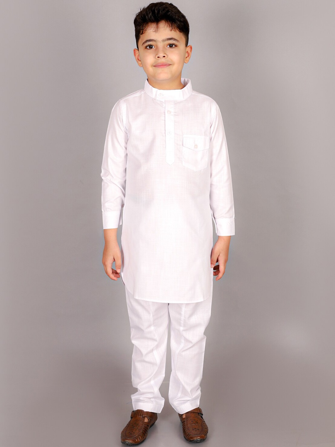 M'andy Boys Woven Design Band Collar Pure Cotton Kurta with Pyjamas, White