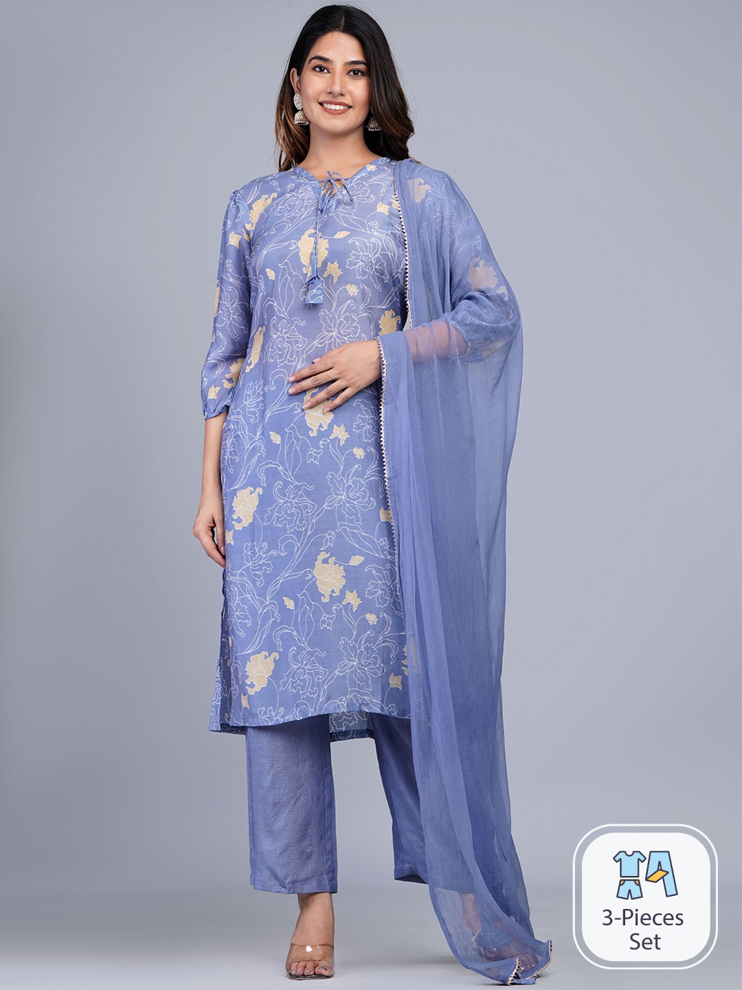 Shikhaa Style Floral Printed Pure Cotton Kurta & Trousers With Dupatta, Lavender