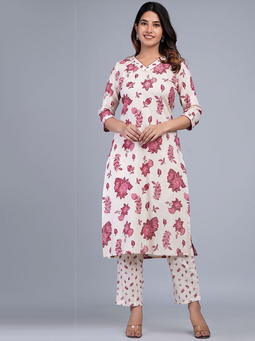 Shikhaa Style Floral Printed V-Neck Sequinned Pure Cotton Kurta with Trousers, White
Shikhaa Style Floral Printed V-Neck Sequinned Pure Cotton Kurta with Trousers, White