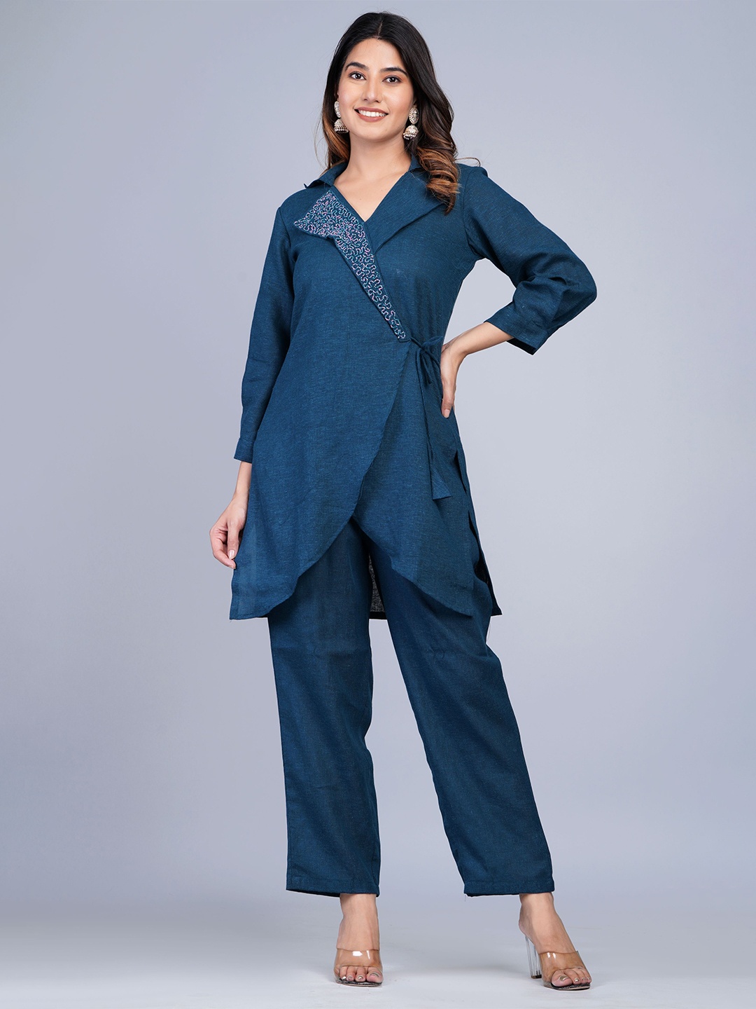 Shikhaa Style Embellished Shirt Collar Waist Tie-Ups Linen Shirt With Trousers, Navy blue
Shikhaa Style Embellished Shirt Collar Waist Tie-Ups Linen Shirt With Trousers, Navy blue