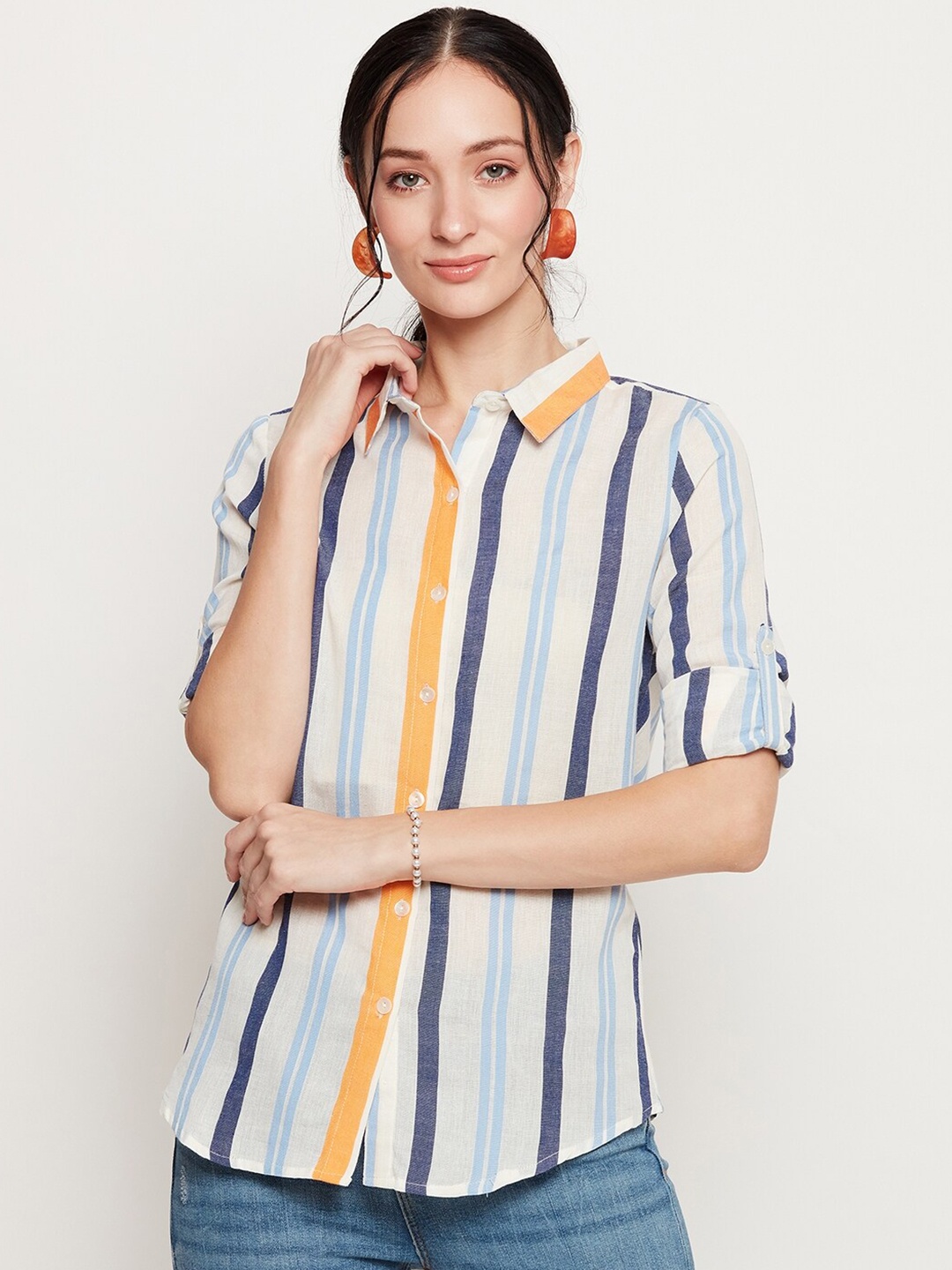 Ruhaans Classic Vertical Striped Spread Collar Roll-Up Sleeves Cotton Casual Shirt, White
Ruhaans Classic Vertical Striped Spread Collar Roll-Up Sleeves Cotton Casual Shirt, White
