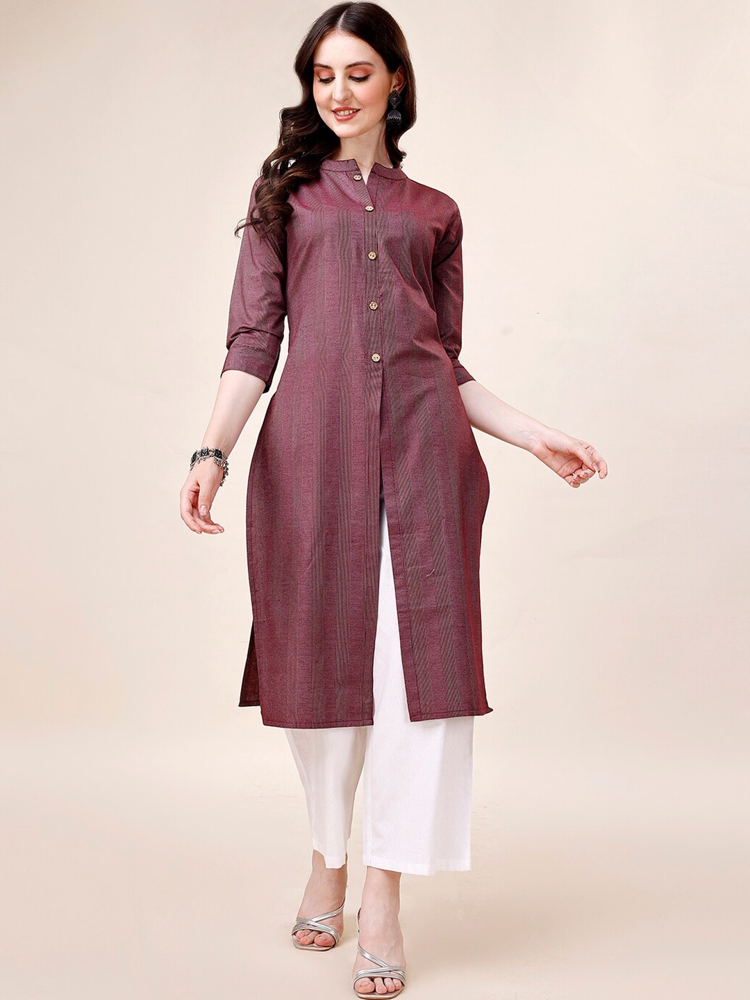 KALINI Striped A Line Kurta With Trousers, Maroon