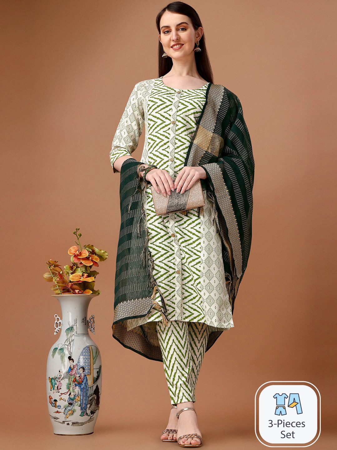 KALINI Ethnic Motifs Printed Round Neck Straight Kurta & Trousers With Dupatta, Beige
KALINI Ethnic Motifs Printed Round Neck Straight Kurta & Trousers With Dupatta, Beige