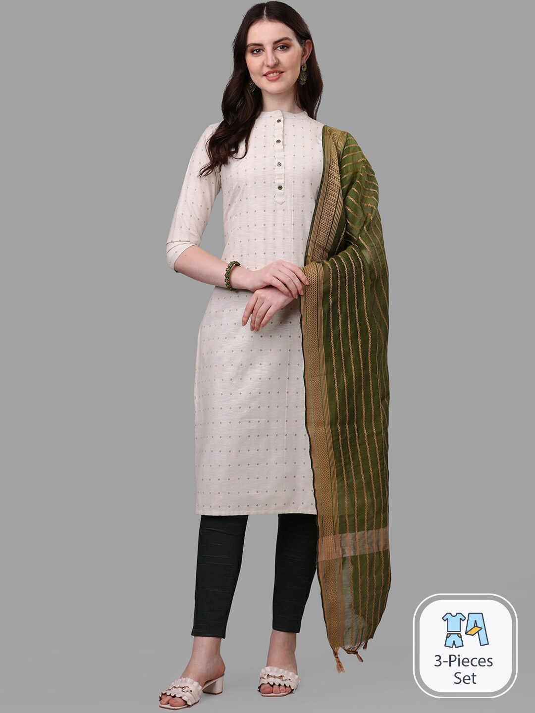 KALINI Ethnic Motifs Woven Design Regular Zari Kurta With Trousers & Dupatta, Beige
KALINI Ethnic Motifs Woven Design Regular Zari Kurta With Trousers & Dupatta, Beige