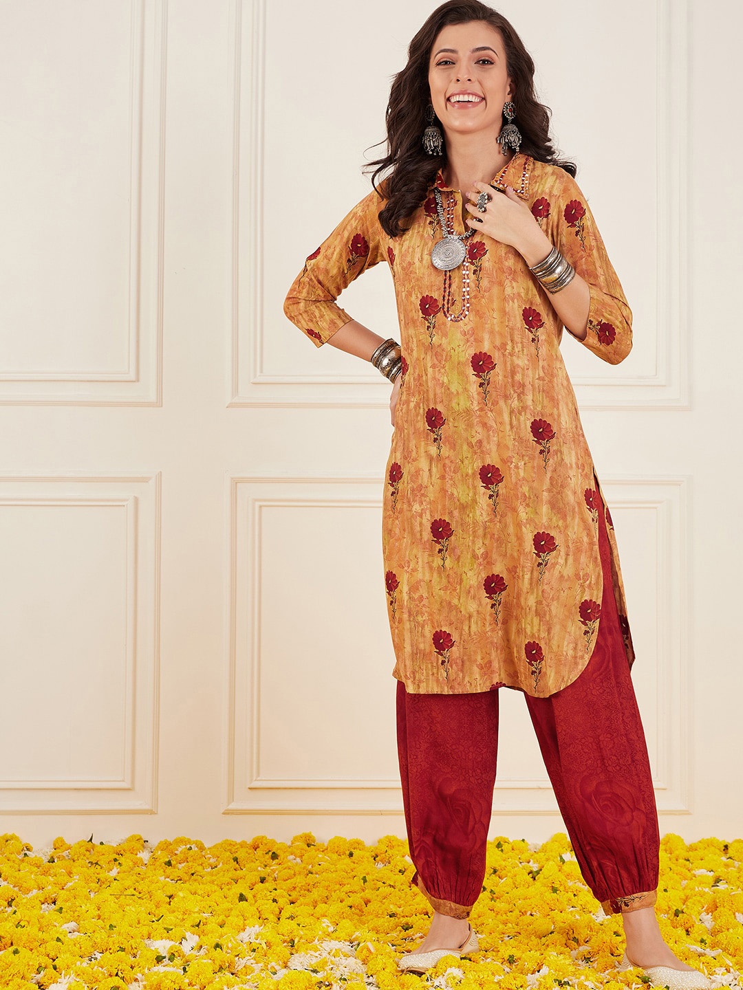 Sangria Orange-Coloured & Maroon Floral-Printed Mirror Work Pathani Kurta With Trouser
Sangria Orange-Coloured & Maroon Floral-Printed Mirror Work Pathani Kurta With Trouser