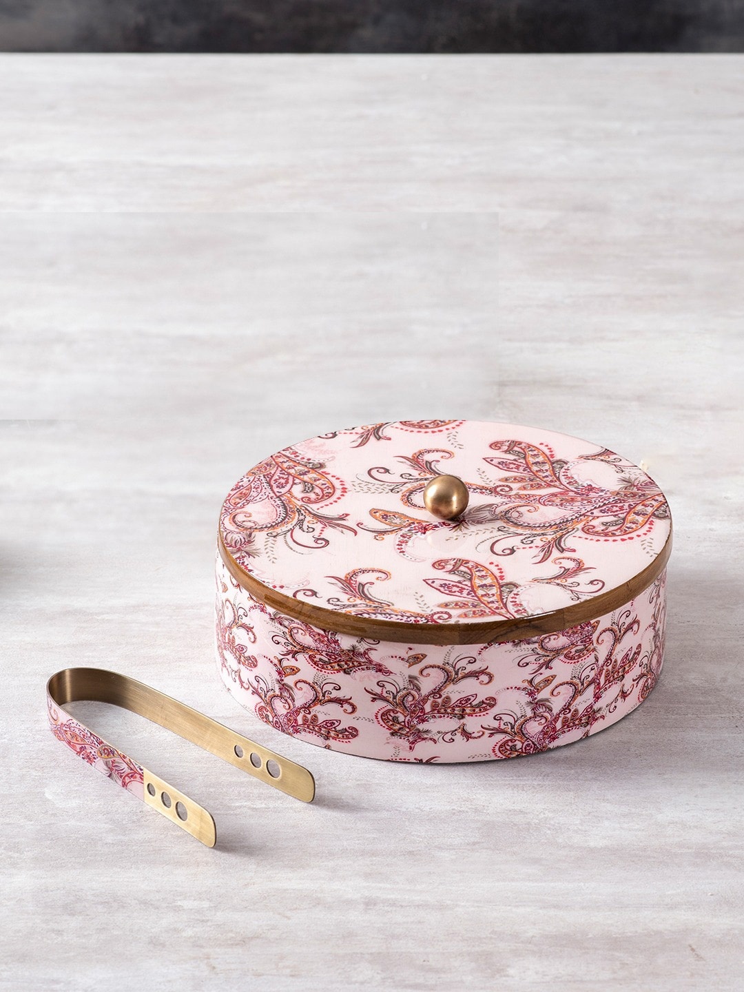 nestroots Pink & Brown Printed Chapatti Box With Tong